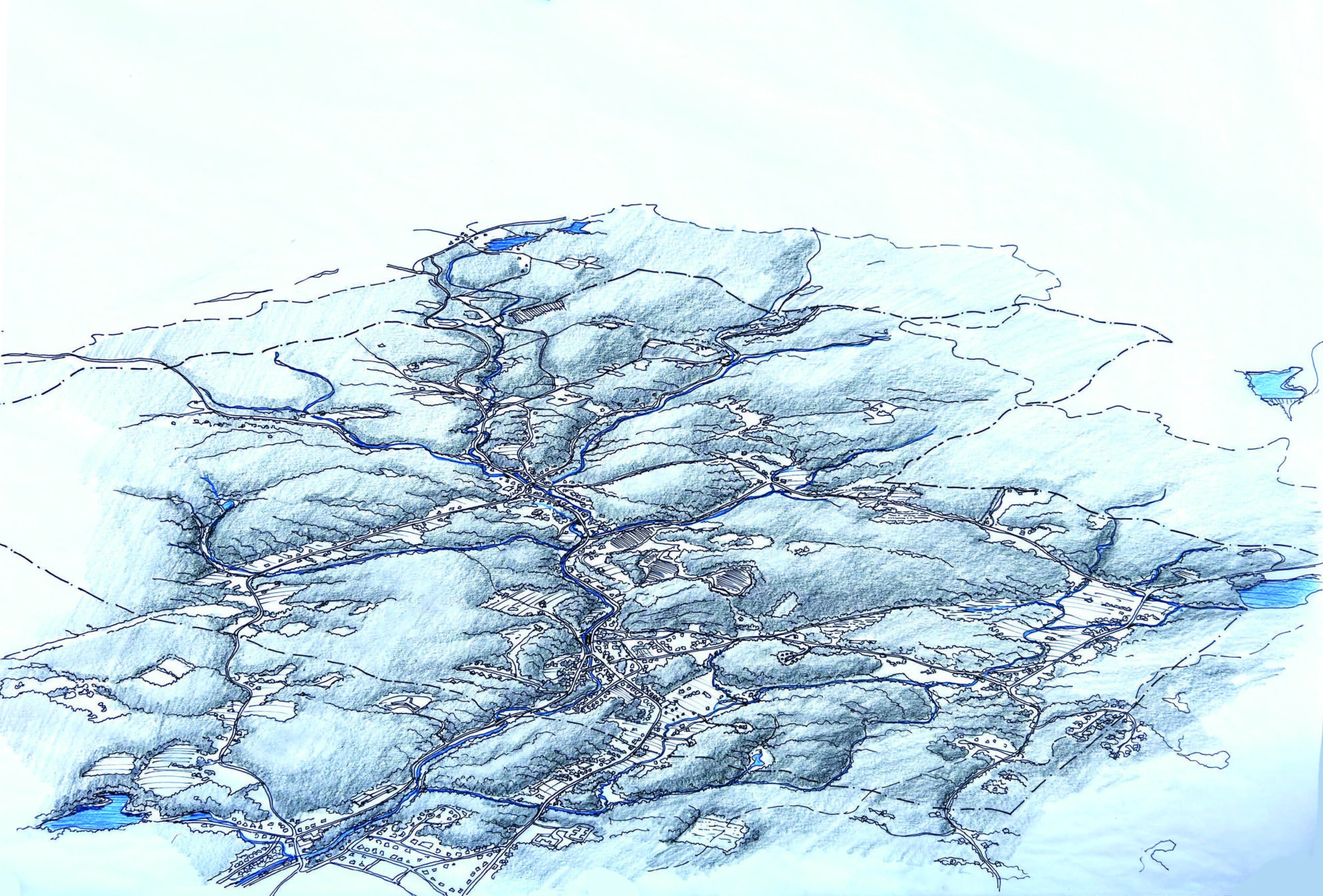A sketch of the Mill River Watershed from a bird's eye view.